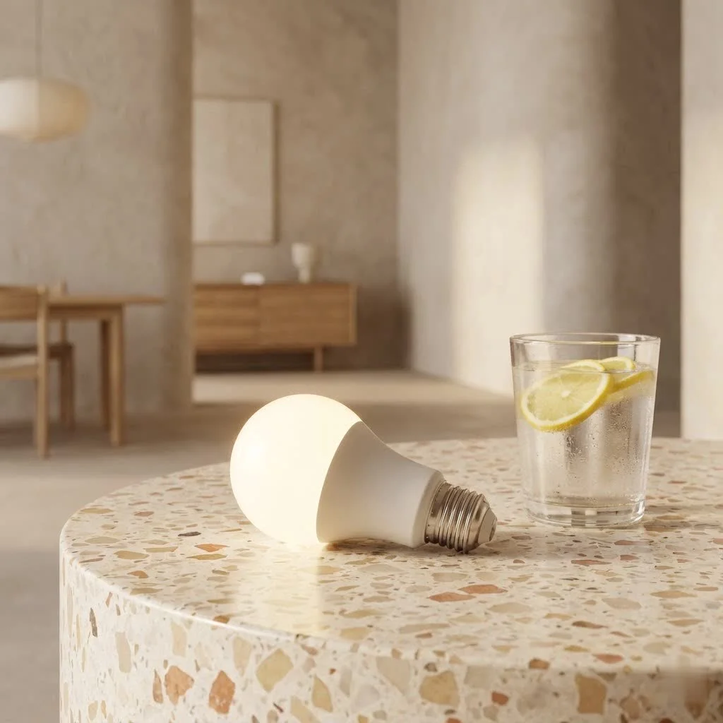 Direct connect smart bulb glowing in a modern home setting