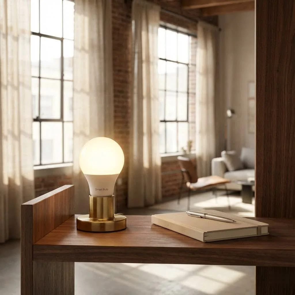 Amazon Basics smart bulb glowing in a modern living room