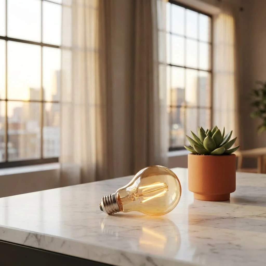 Cync smart bulb illuminating a modern living room