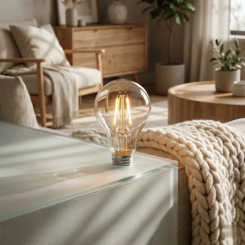 Smart WiFi bulb illuminating a modern living room
