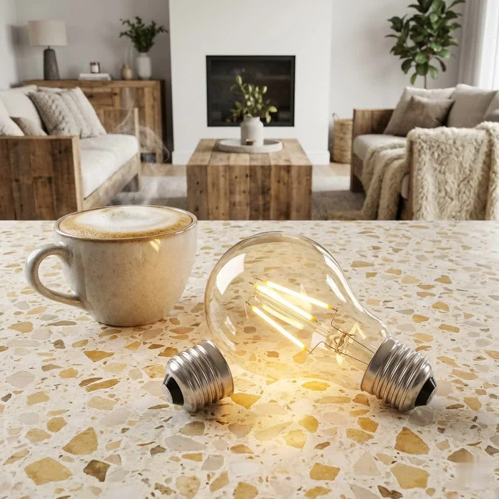 Smart outdoor bulbs illuminating a modern patio at dusk