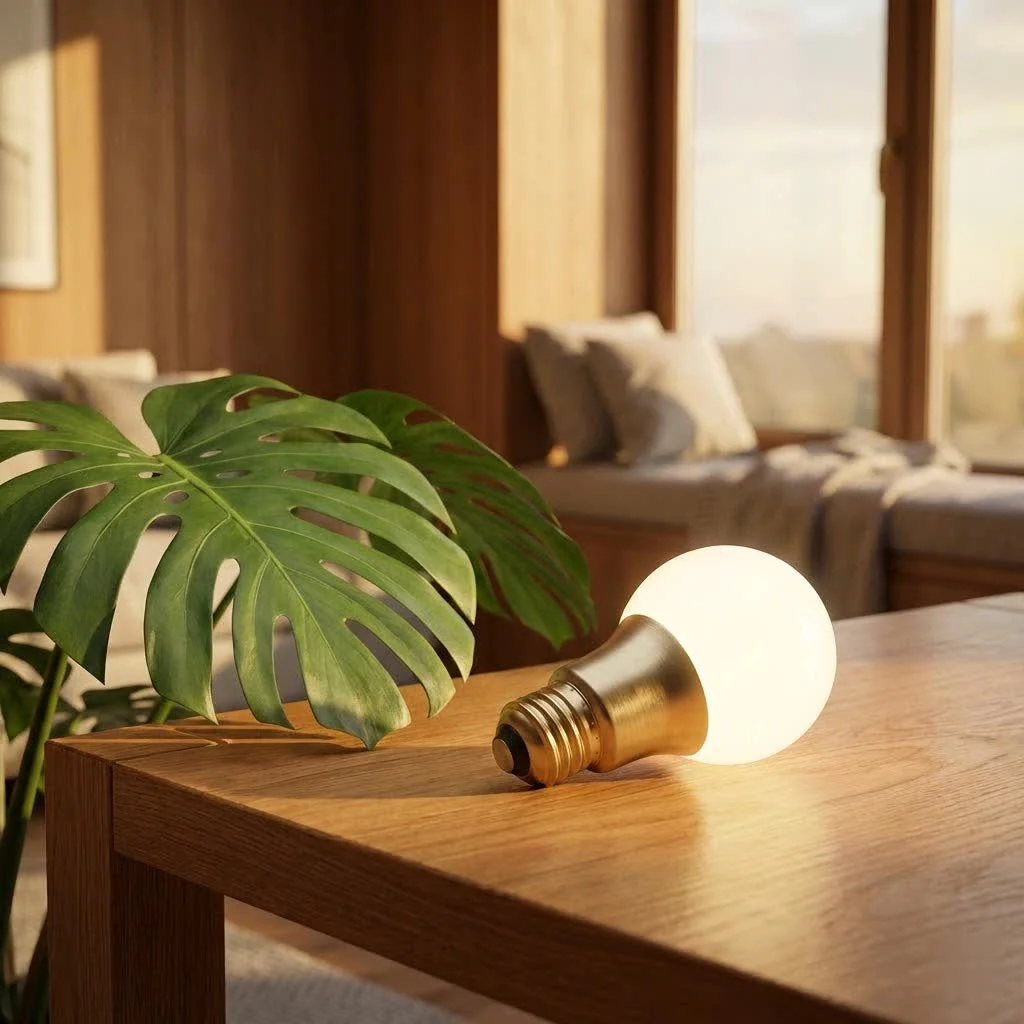 Govee smart LED bulb illuminating a modern living room