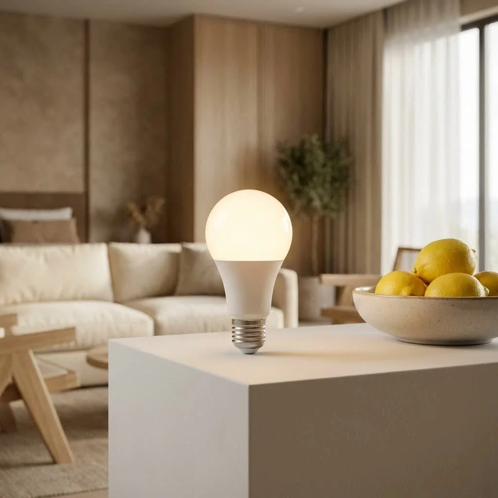 Smart bulb with remote control on a wooden table