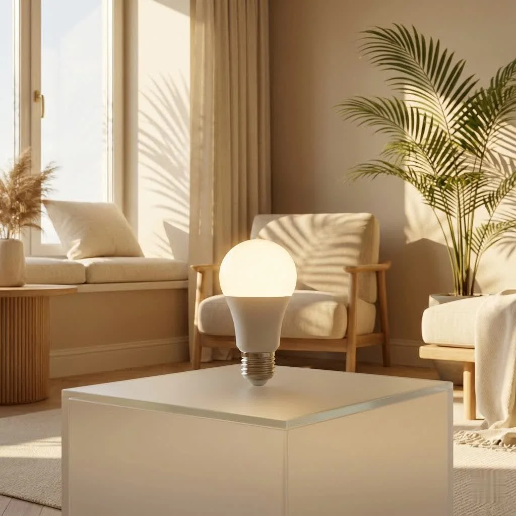 E27 smart bulb illuminating a modern living room