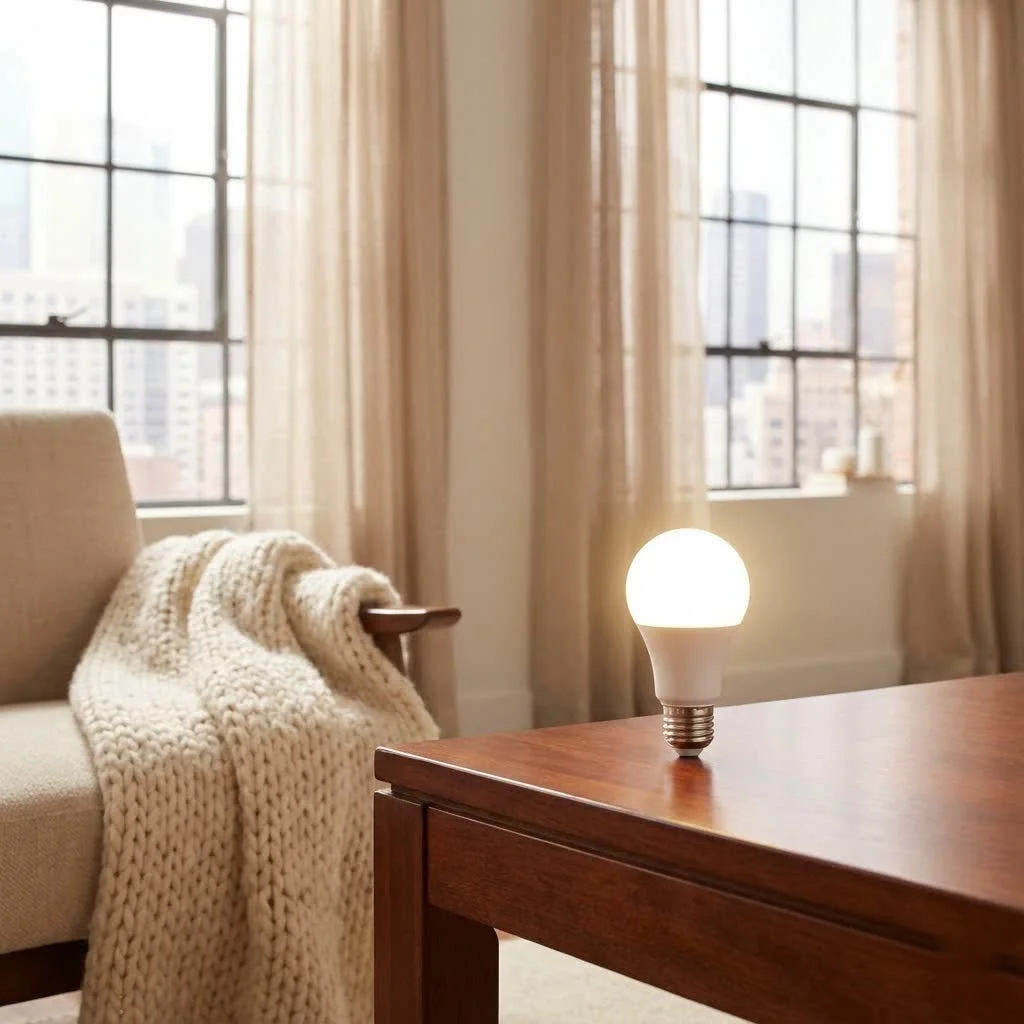 Smart WiFi LED bulbs illuminating a modern living room