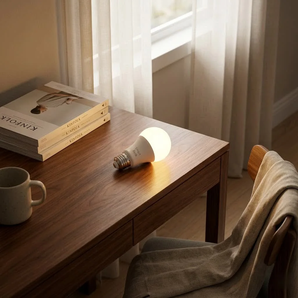 GE Cync smart bulb illuminating a modern living room