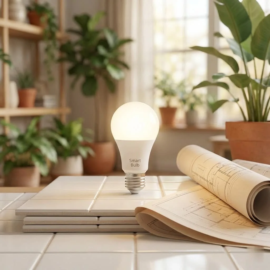 Smart color changing light bulbs illuminating a modern living room