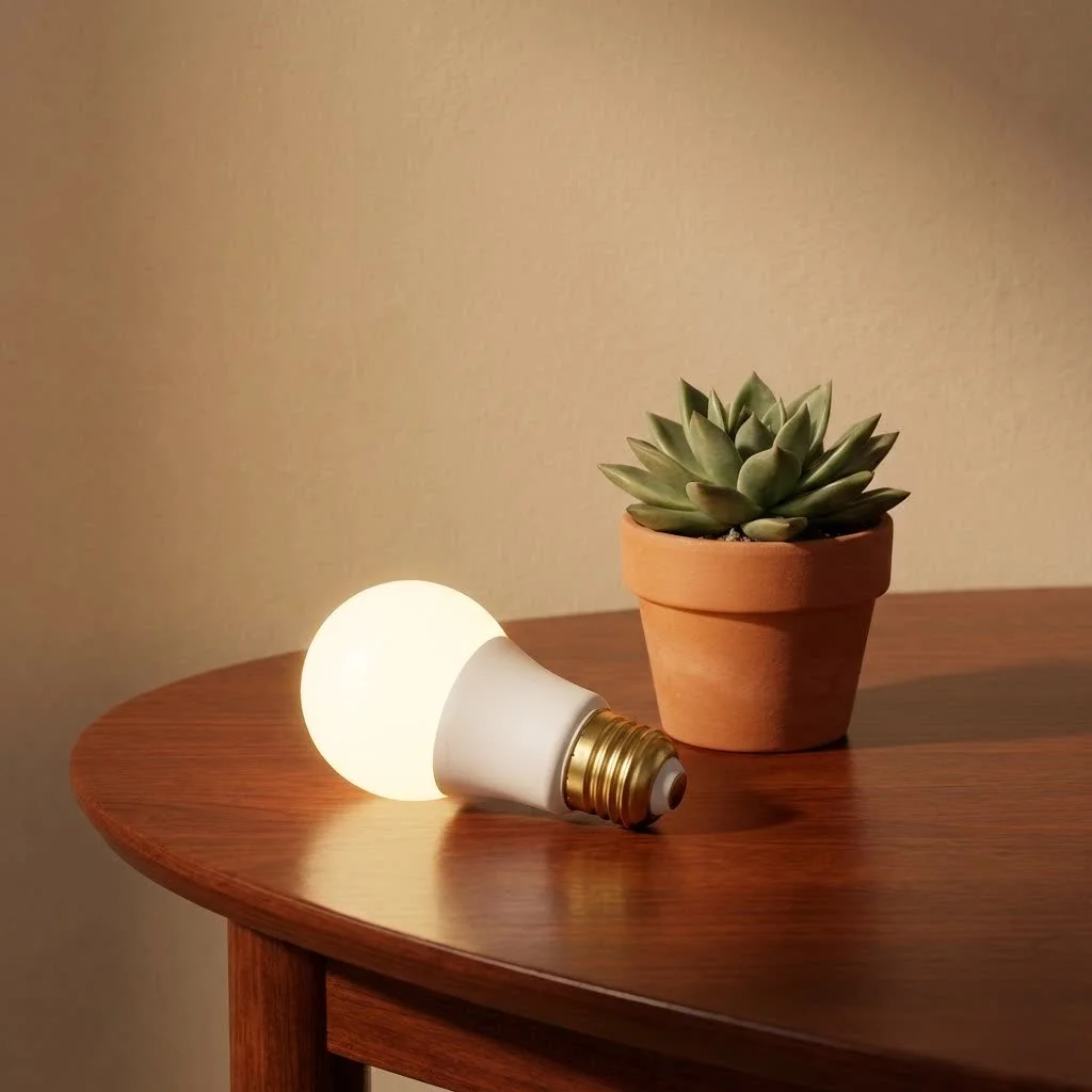 A modern living room illuminated by dimmable smart bulbs