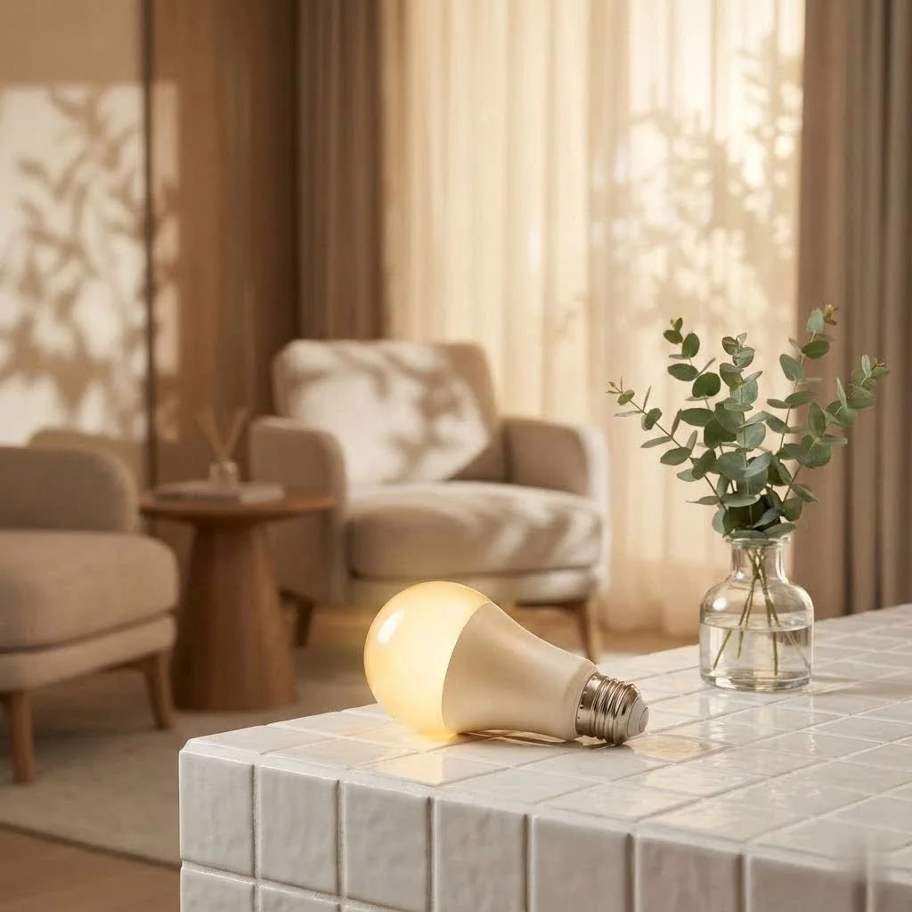 TP-Link smart bulbs illuminating a modern living room
