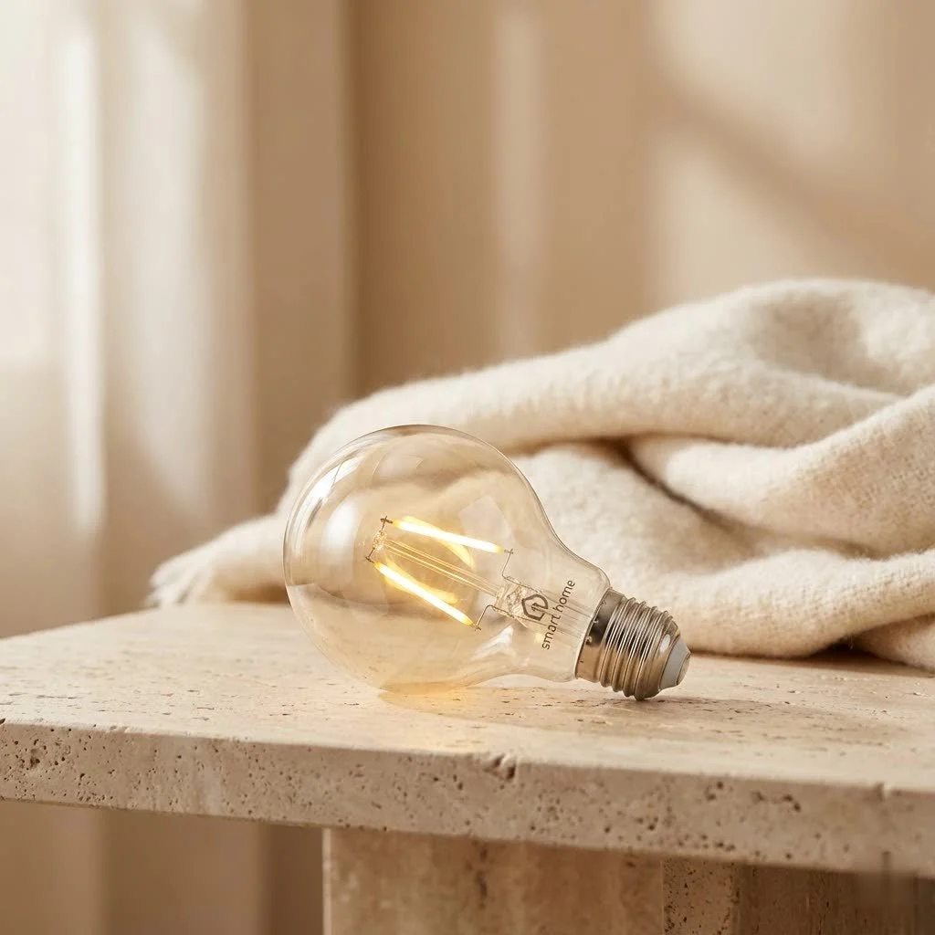 Roku smart bulb glowing in a modern living room