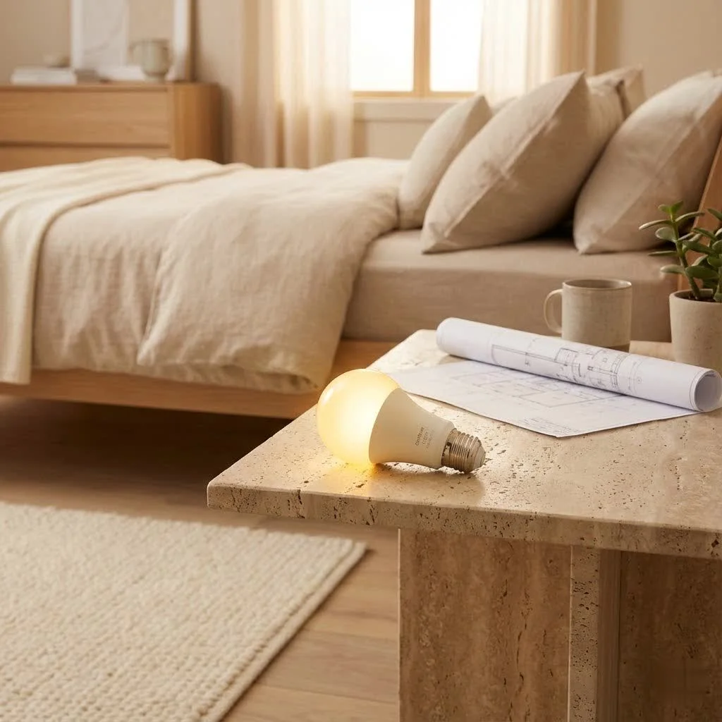 WiFi smart light bulb glowing in a modern living room