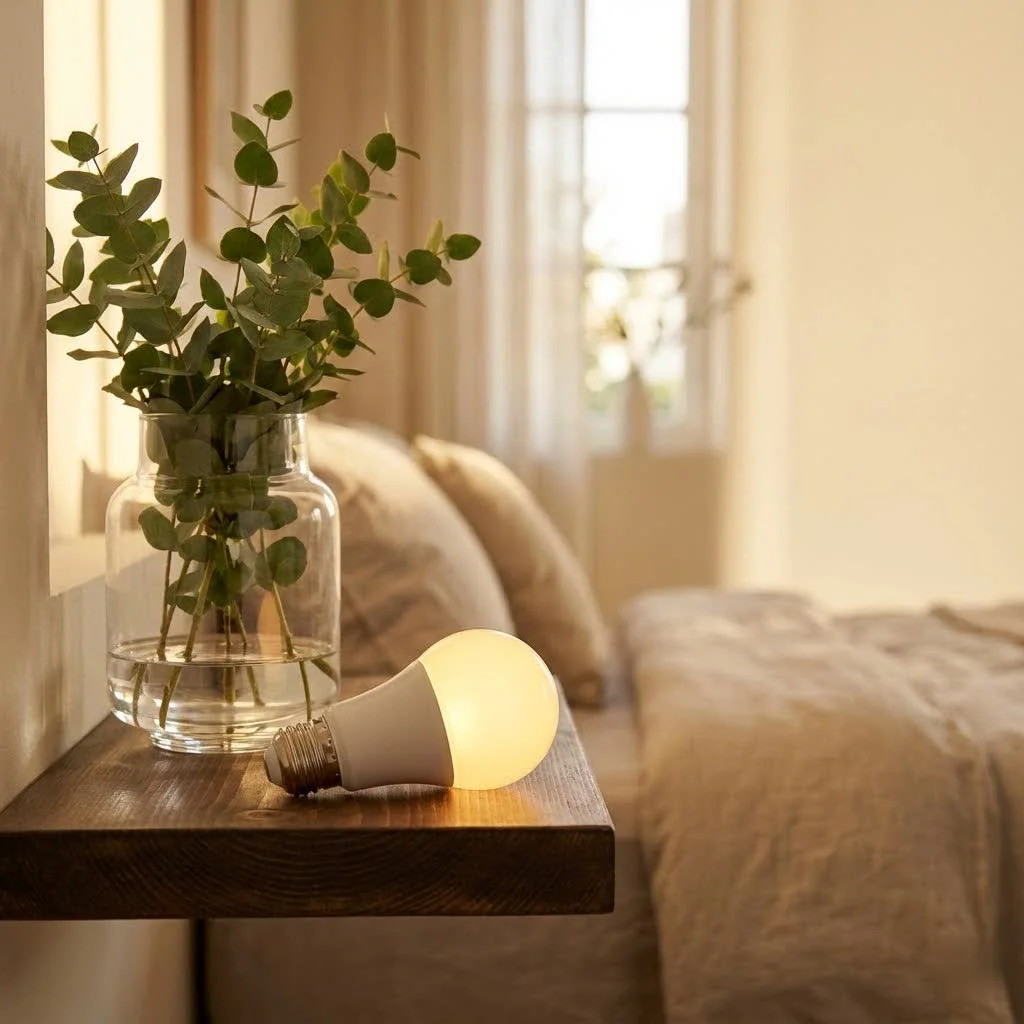 Bluetooth smart light bulb illuminating a modern living room