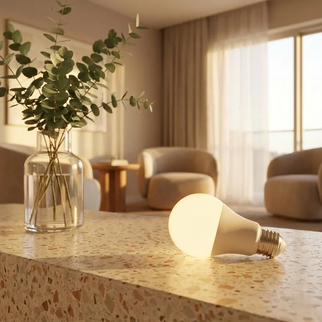 Kasa Smart Wi-Fi Light Bulb illuminating a modern living room