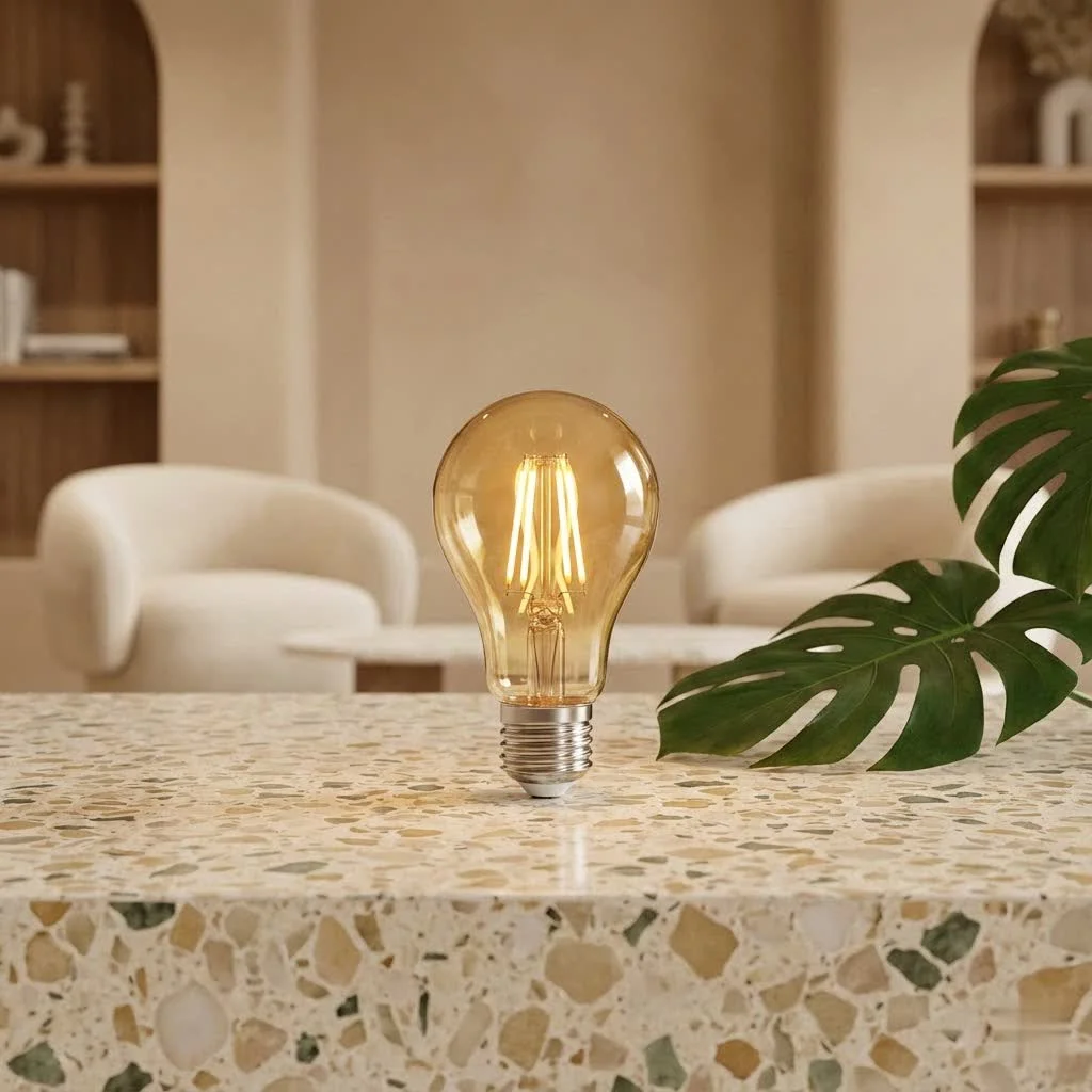Smart color changing light bulbs illuminating a modern living room