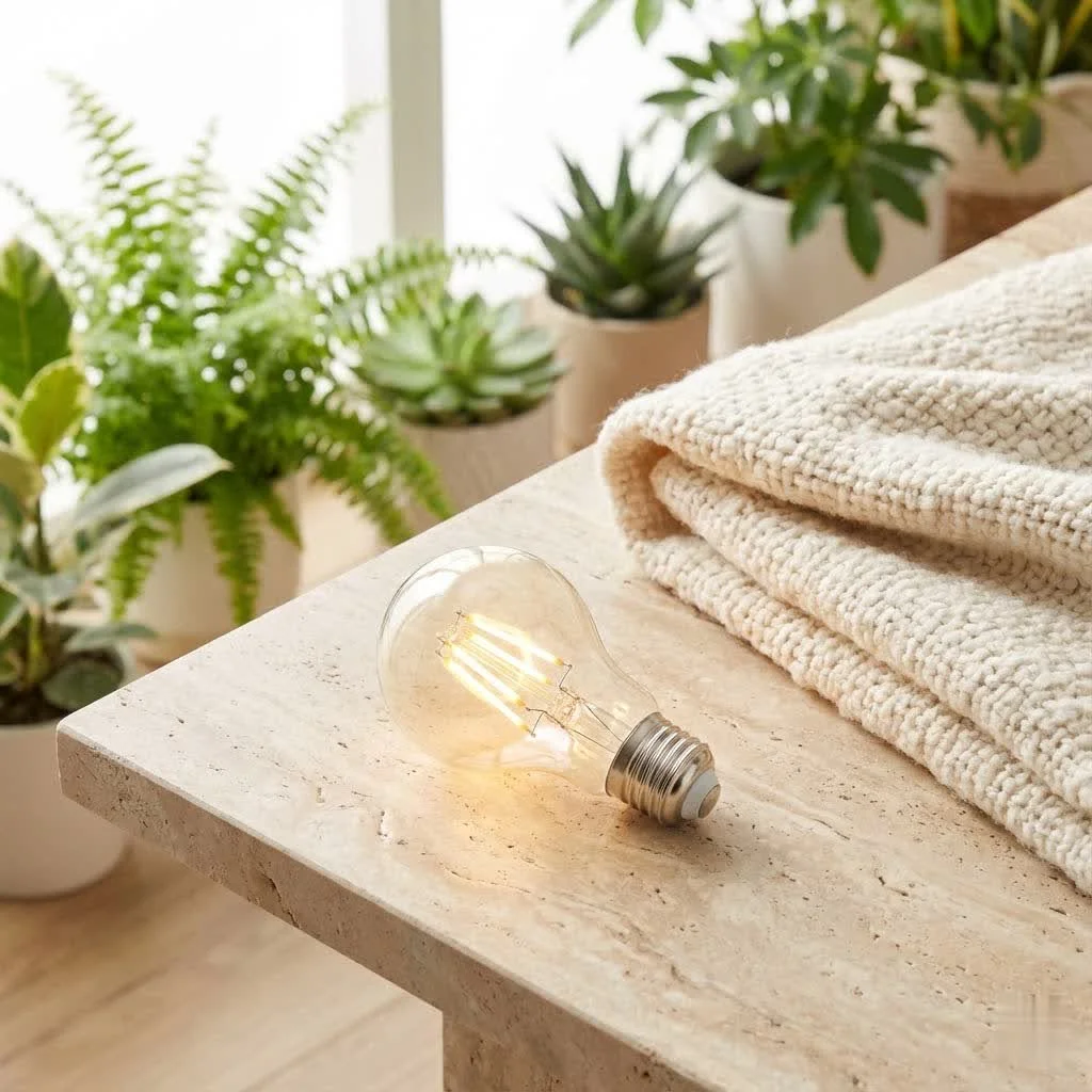 GE Cync smart bulbs illuminating a modern living room