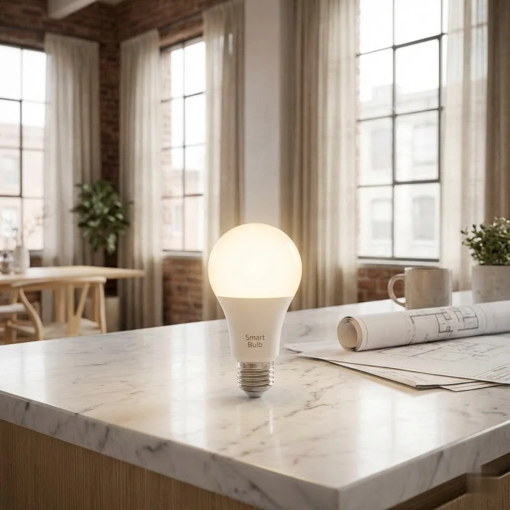 Philips Hue smart bulbs in various fixtures illuminating a modern living space