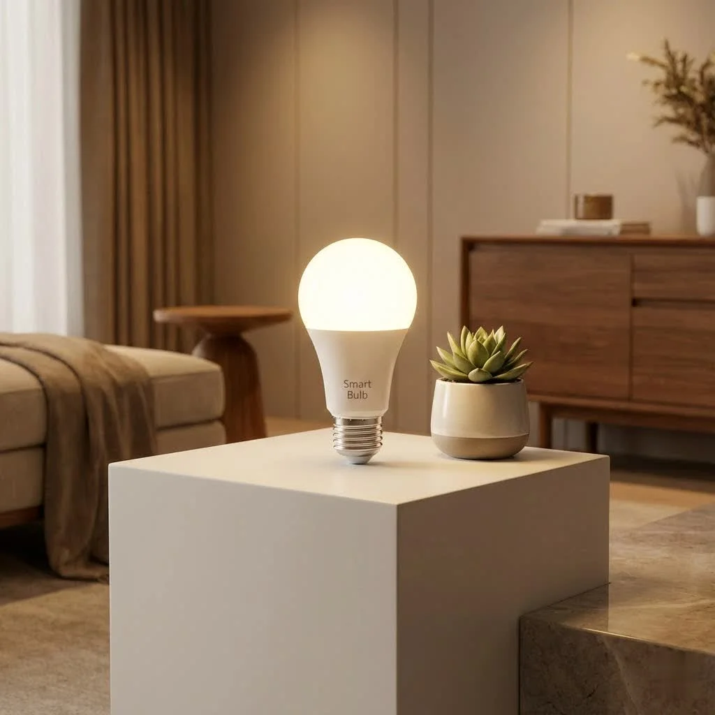 IKEA smart bulbs illuminating a modern living room